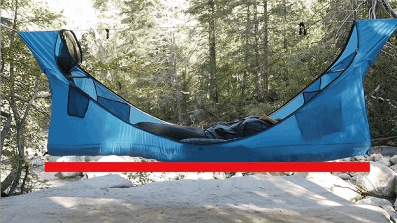 The next outdoor is floating in the air Haven Tent, a hammock-shaped tent with a flat floor that looks comfortable to sleep in