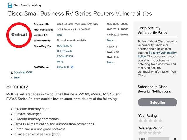 Cisco製ルータ「RVシリーズ」に複数の脆弱性 - コード実行など深刻な影響 