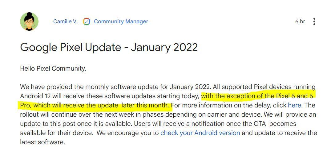 January monthly update of Pixel starts, except for Pixel 6 series