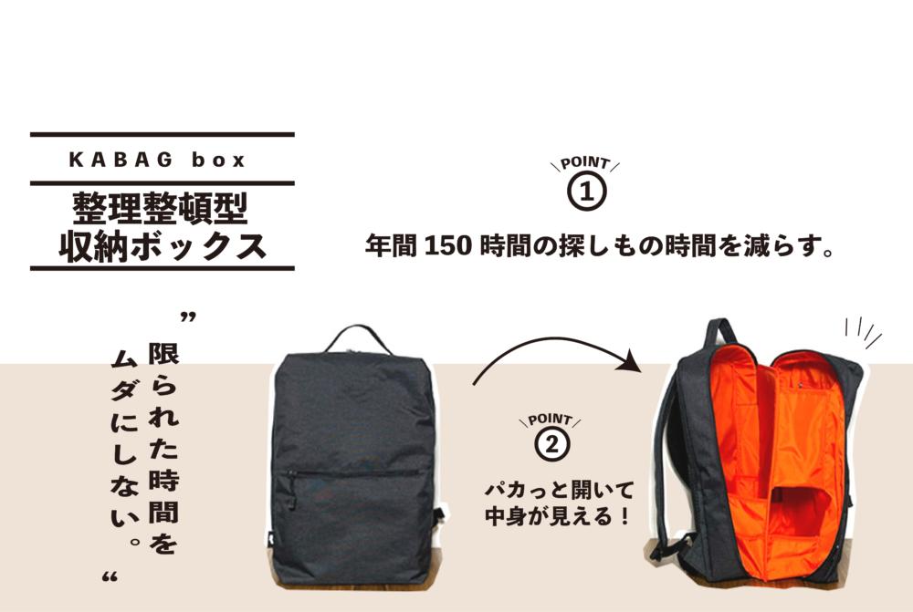 
 年150時間の探し物時間を減らす。整理整頓力が高まる収納ボックス型時短リュック「KABAG ボックス」 