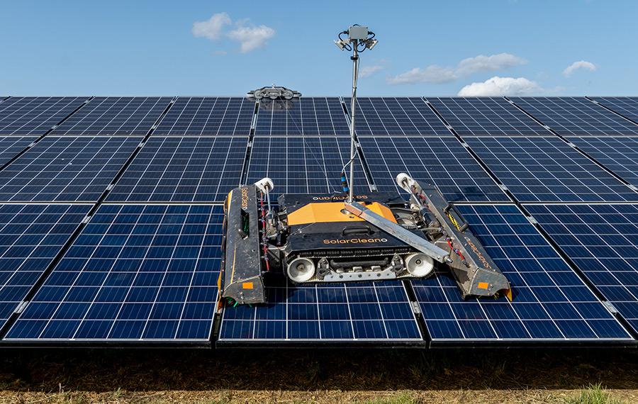 This solar panel cleaning system is remote-controlled with a POV camera