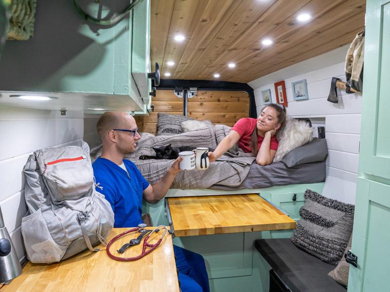 A nurse working to fight the coronavirus in California lives in a 75-square-foot van with his wife and 2 cats