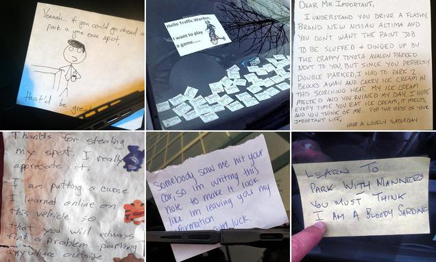 Notas de enojo dejadas en el auto después de un conductor egoísta se estaciona frente a la entrada de la tienda de caridad 