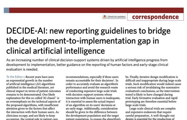 Reporting guideline for the early-stage clinical evaluation of decision support systems driven by artificial intelligence: DECIDE-AI 