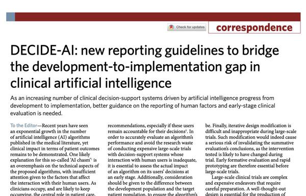 Diretriz de notificação para o estágio clínico inicial avaliação de sistemas de apoio à decisão conduzidos por inteligência artificial: DECIDE-AI 