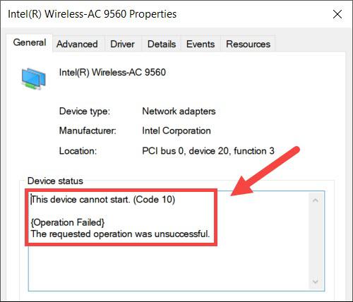 Intel Wireless AC 9560 no funciona, Código de error 10