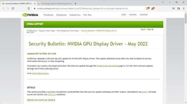 Nvidia releases security update for out-of-support GPUs