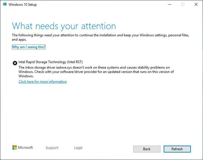 Windows 10 1903 Update Blocked by Old Intel Rapid Storage Drivers